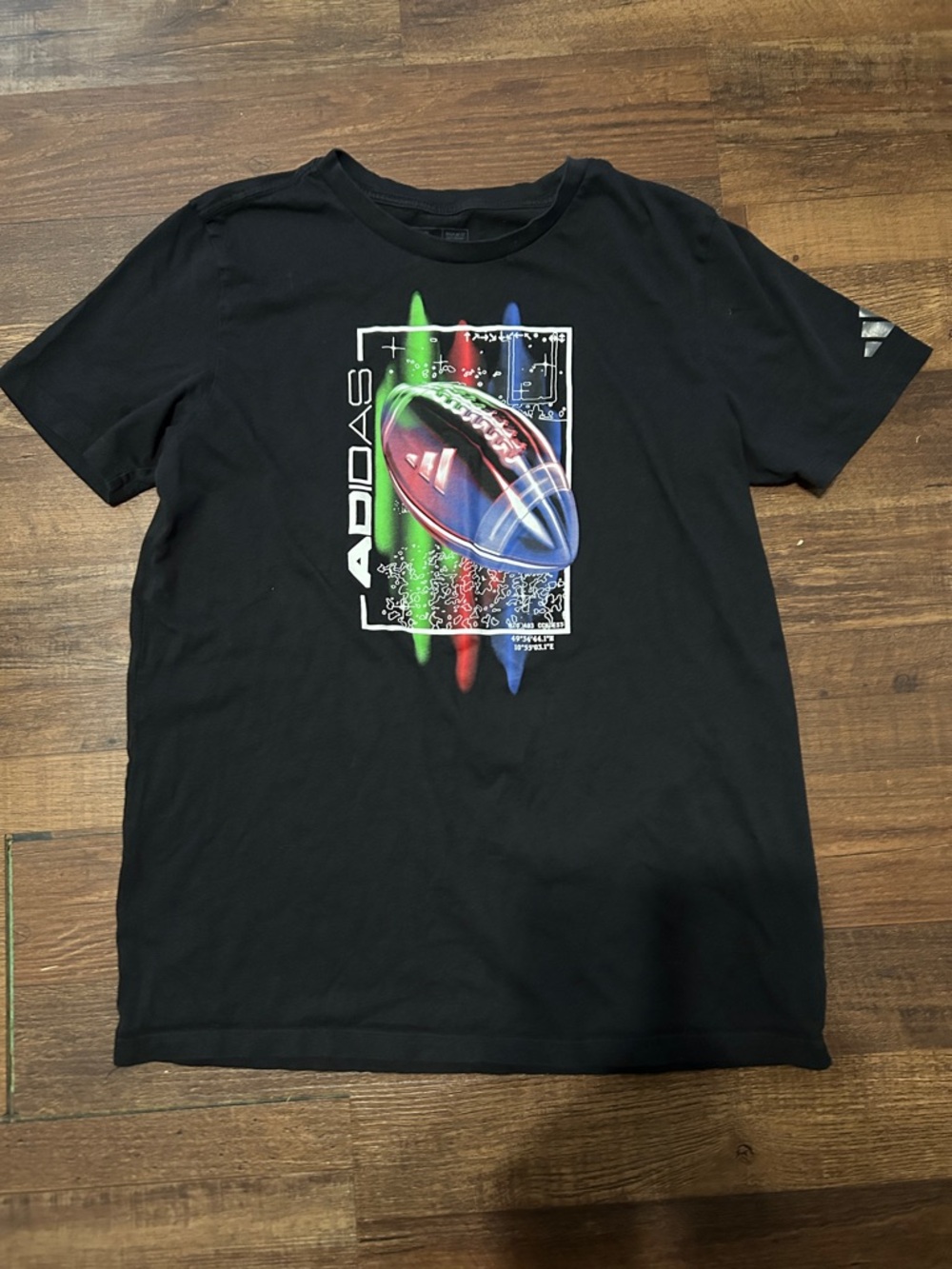 adidas Kids Black Tee with Neon Red, Green & Blue Football Graphic - XL (18/20)